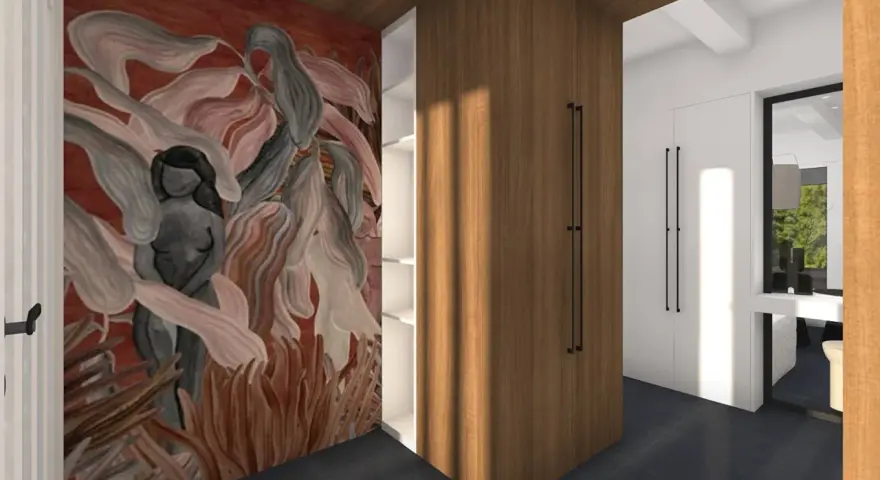 Une oeuvre connue ornée d'une silhouette féminine se détache sur un mur rouge, dans un espace moderne avec des placards en bois.