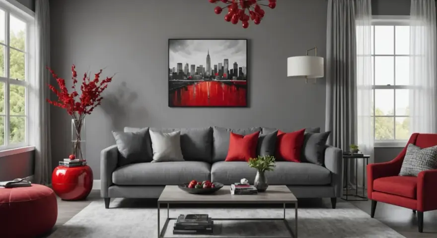 Un salon moderne aux murs gris, avec un tableau rouge noir gris de New York, un canapé gris, des coussins rouges et un fauteuil rouge.