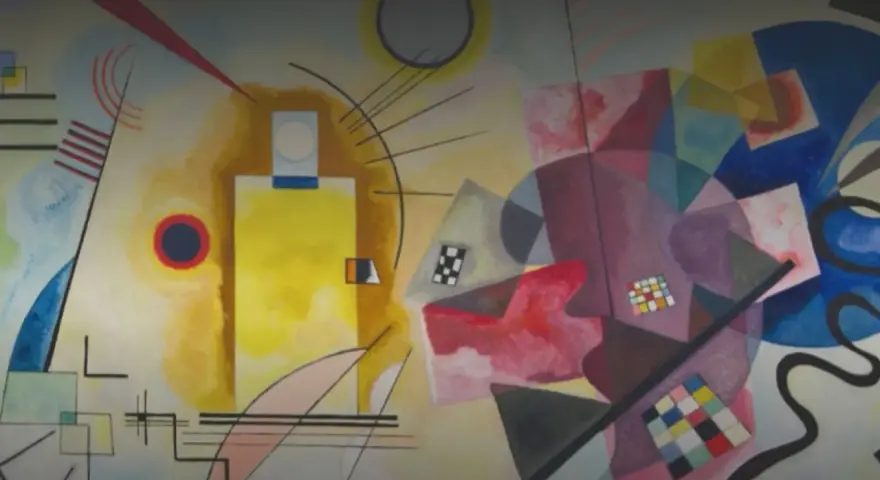 Un tableau carré rouge, jaune, bleu, avec des formes abstraites et des lignes noires.