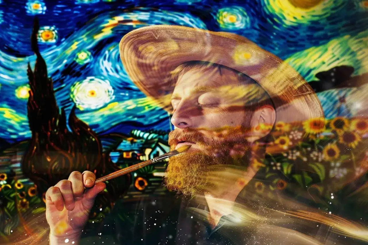 Un homme &agrave; barbe rousse, chapeau de paille, tient un pinceau, son visage superpos&eacute; &agrave; des &oelig;uvres de peintres impressionnistes c&eacute;l&egrave;bres comme Van Gogh.