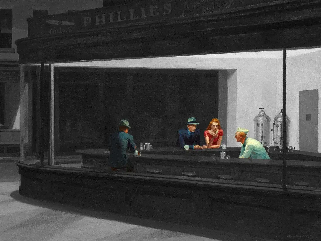 Nuit d'Edward Hopper : des clients solitaires dans un diner éclairé, une femme rousse et un homme en costume, un serveur.