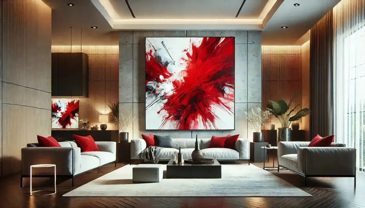Un salon moderne avec un grand tableau abstrait rouge et blanc au centre. Des canap&eacute;s gris et des coussins rouges compl&egrave;tent la d&eacute;coration.