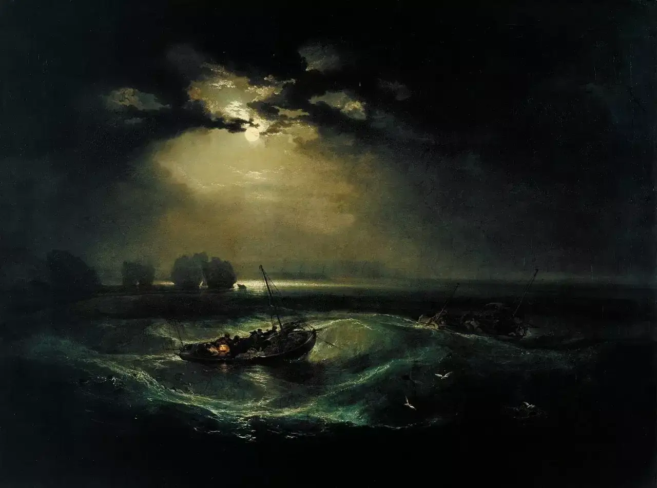 Un tableau clair obscur dramatique : des bateaux luttent contre des vagues d&eacute;cha&icirc;n&eacute;es sous une lune voil&eacute;e.