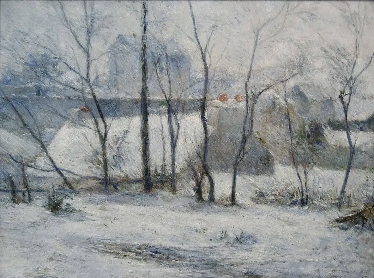 Peinture hiver c&eacute;l&egrave;bre : des arbres d&eacute;nud&eacute;s se dressent dans un paysage enneig&eacute;, des toits rouges &eacute;mergent &agrave; peine sous la neige.