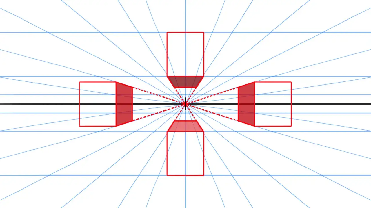 Illustration d'un tableau perspective avec des lignes bleues convergentes vers un point central. Quatre formes rouges, repr&eacute;sentant des cubes tronqu&eacute;s, sont dispos&eacute;es en croix.