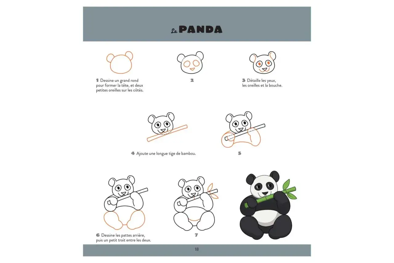 Étapes pour un dessin facile de panda mangeant du bambou. Un guide visuel pour apprendre à dessiner ce charmant animal.