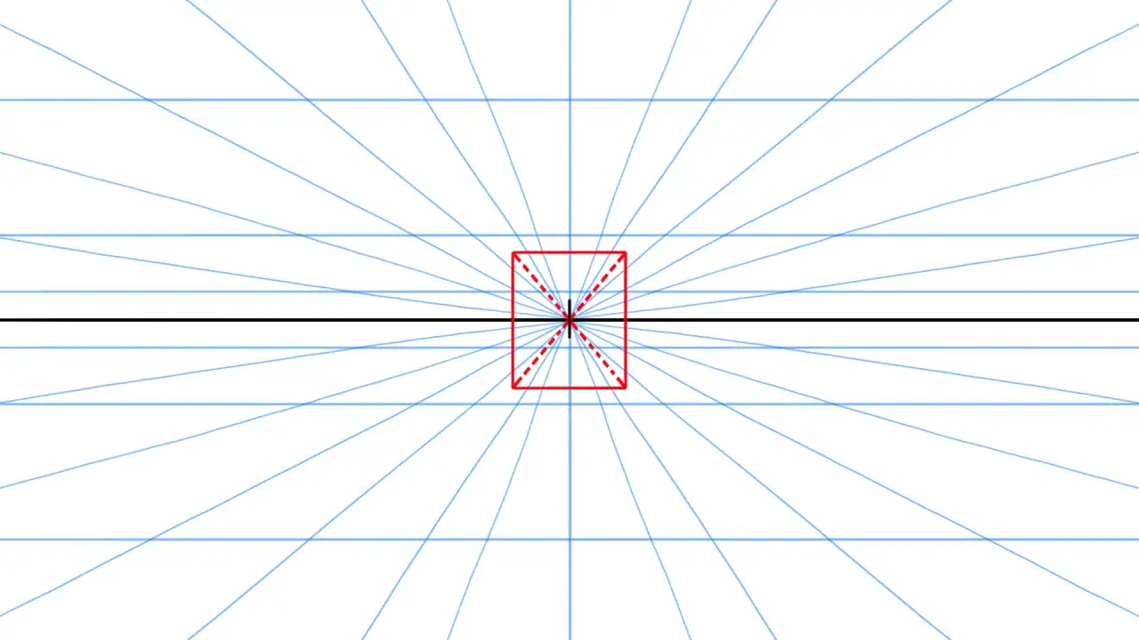 Lignes bleues convergeant vers un point central, avec un carr&eacute; rouge et une ligne noire horizontale. Illustration de la peinture perspective.