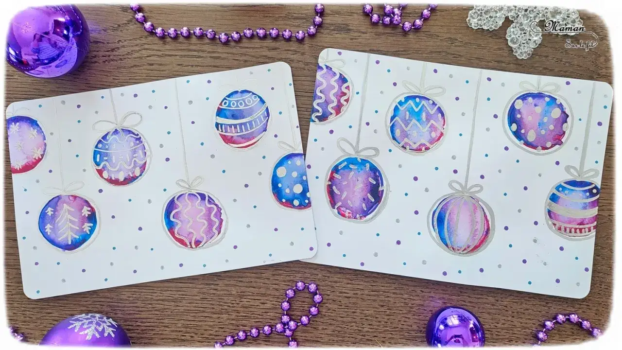 Deux cartes de v&oelig;ux avec des boules de No&euml;l aquarelle aux couleurs vives. Des perles violettes et des boules d&eacute;coratives compl&egrave;tent la sc&egrave;ne festive.