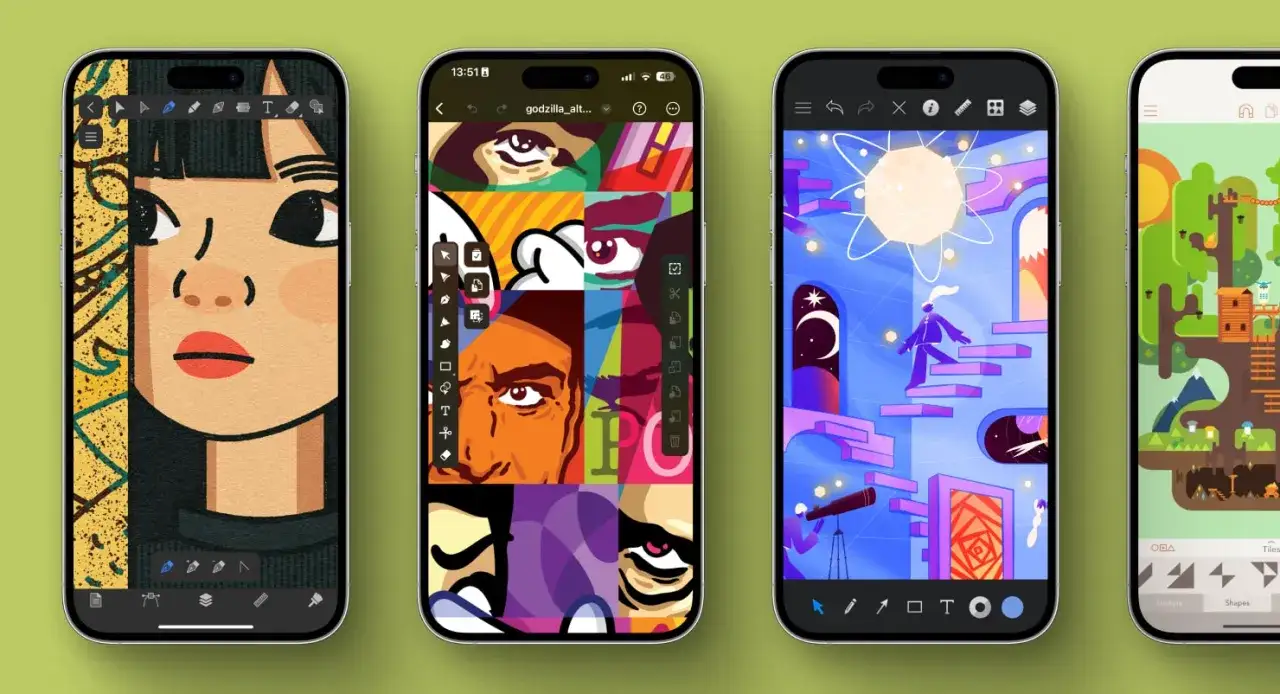 Quatre &eacute;crans de smartphone affichant des illustrations color&eacute;es et stylis&eacute;es, montrant le potentiel cr&eacute;atif d'un dessin sur smartphone.