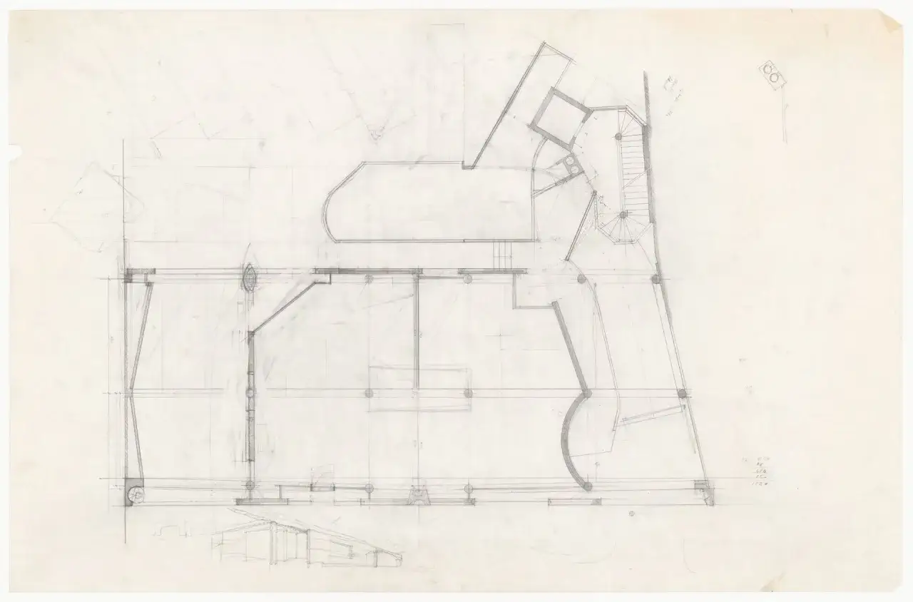 Plan d'architecte d&eacute;taill&eacute;, montrant comment d&eacute;calquer avec du papier calque. Lignes fines, courbes et escaliers en colima&ccedil;on.