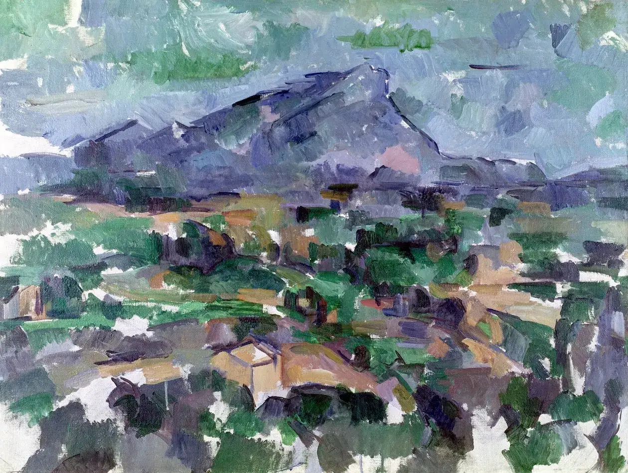 Paysage de la Sainte-Victoire par C&eacute;zanne, avec des touches de peinture vibrantes repr&eacute;sentant la montagne et la campagne environnante.