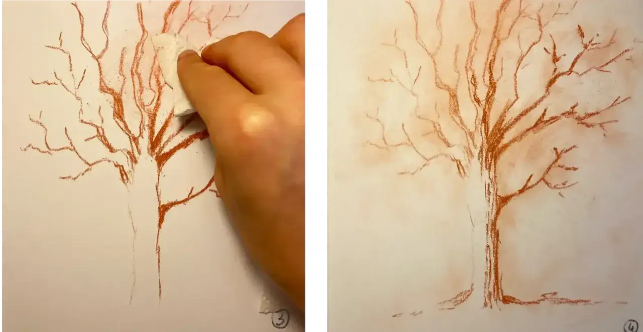 Main gauche estompant un dessin de sanguine d'un arbre nu. Un exemple de dessin sanguine facile.