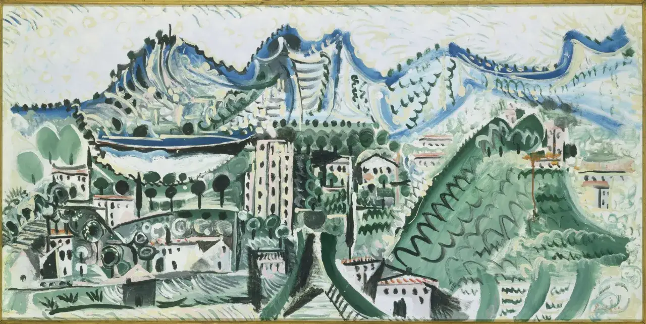 Paysage aux couleurs vives, &eacute;voquant les origines de Picasso. Montagnes bleues, maisons blanches et v&eacute;g&eacute;tation luxuriante dans un style cubiste.