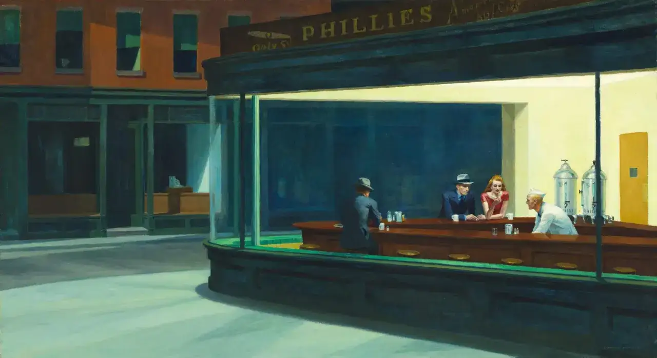 Sc&egrave;ne nocturne dans un diner, peinte par un peintre am&eacute;ricain du 20&egrave;me si&egrave;cle. Trois clients et un serveur sont pr&eacute;sents.
