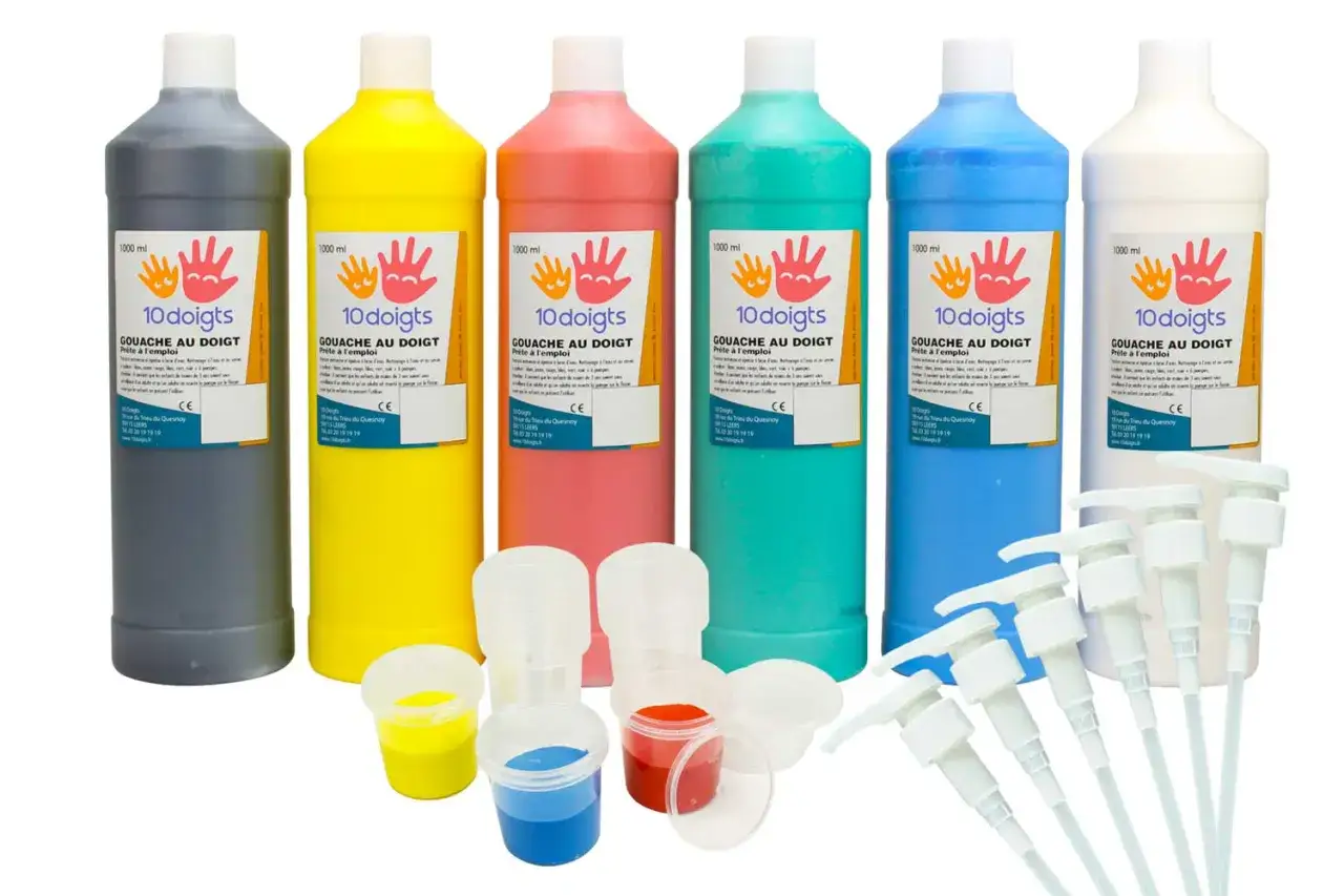 Six bouteilles de gouache au doigt de différentes couleurs, avec des petits pots et des pompes.