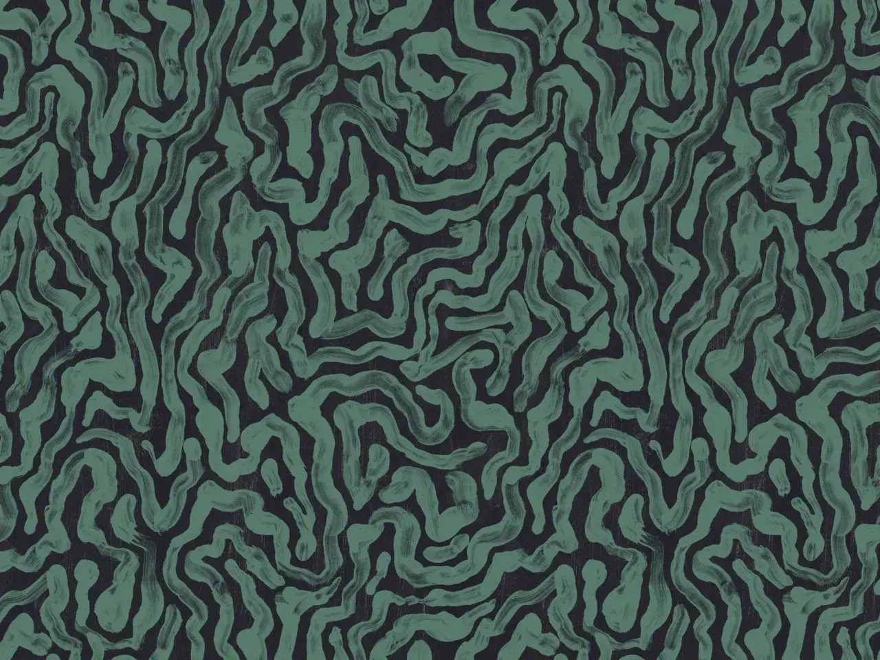 Un motif abstrait aux lignes sinueuses vert &eacute;meraude sur fond sombre, &eacute;voquant un motif annonay organique et textur&eacute;.