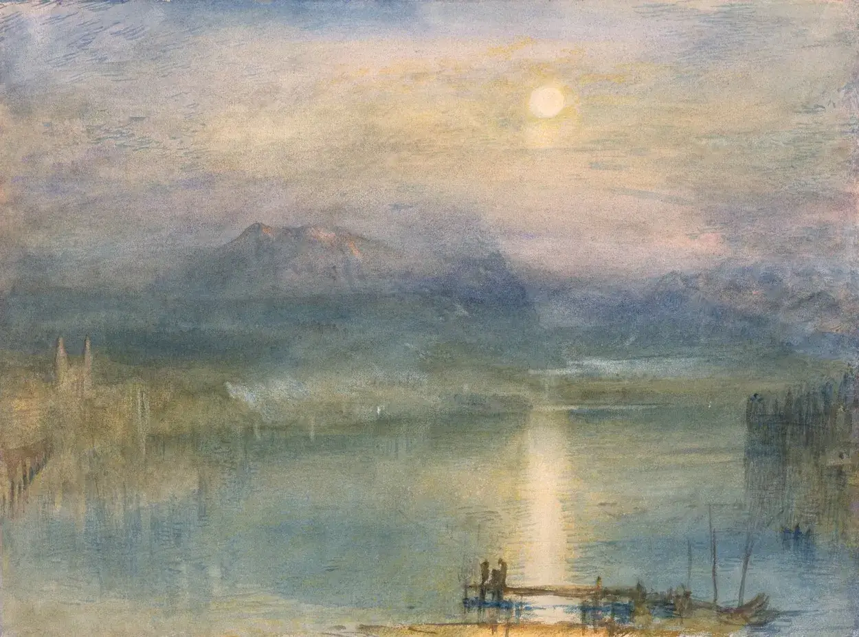 William Turner &oelig;uvre la plus connue : un paysage brumeux de lac avec des montagnes au loin, un soleil p&acirc;le et des silhouettes sur un quai.