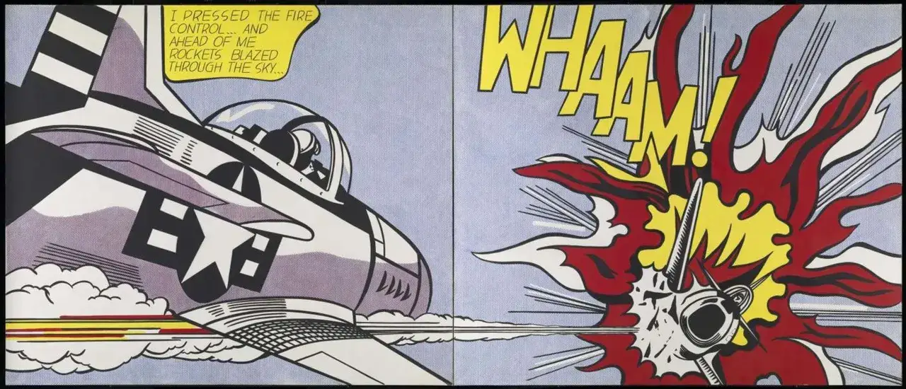 Un avion de chasse, dans le style de l'art de Roy Lichtenstein, tire des roquettes. Explosion 