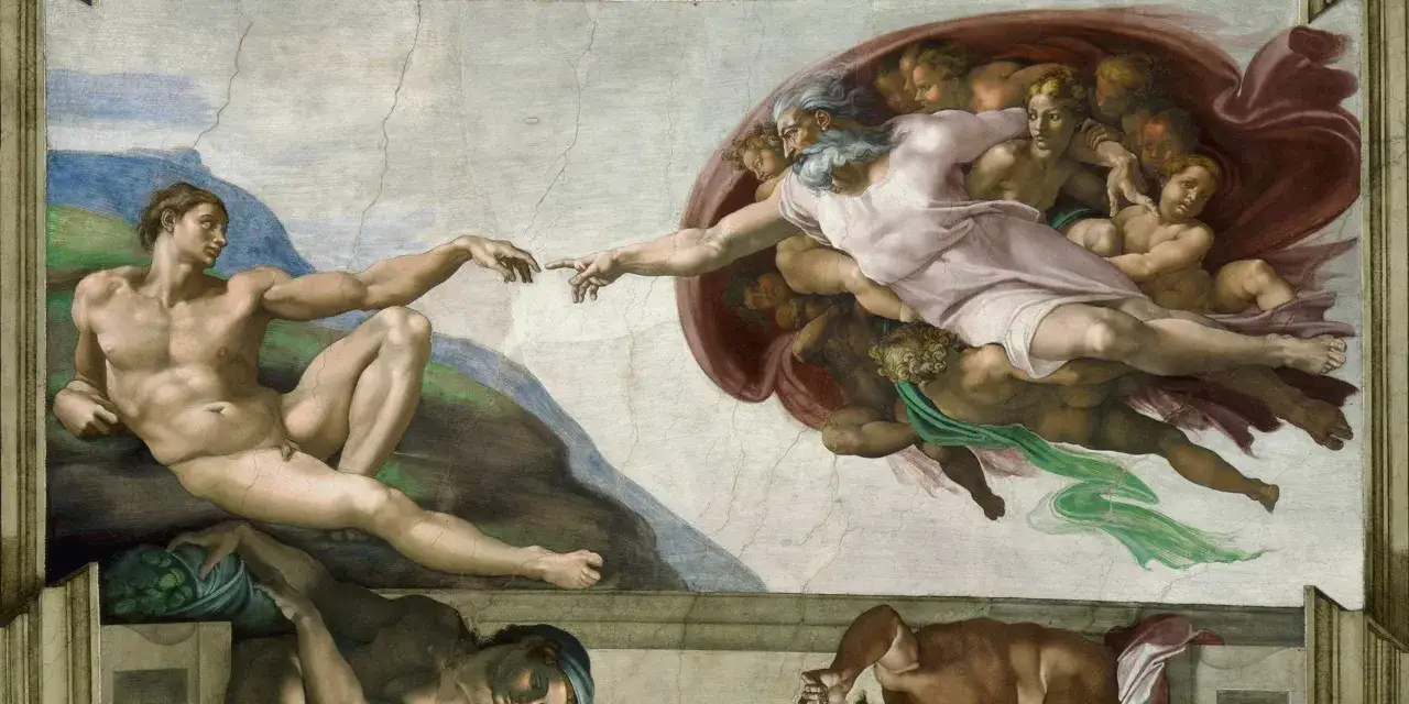 La cr&eacute;ation du monde tableau : Dieu, entour&eacute; d'anges, tend son doigt vers Adam, symbolisant le souffle de vie.
