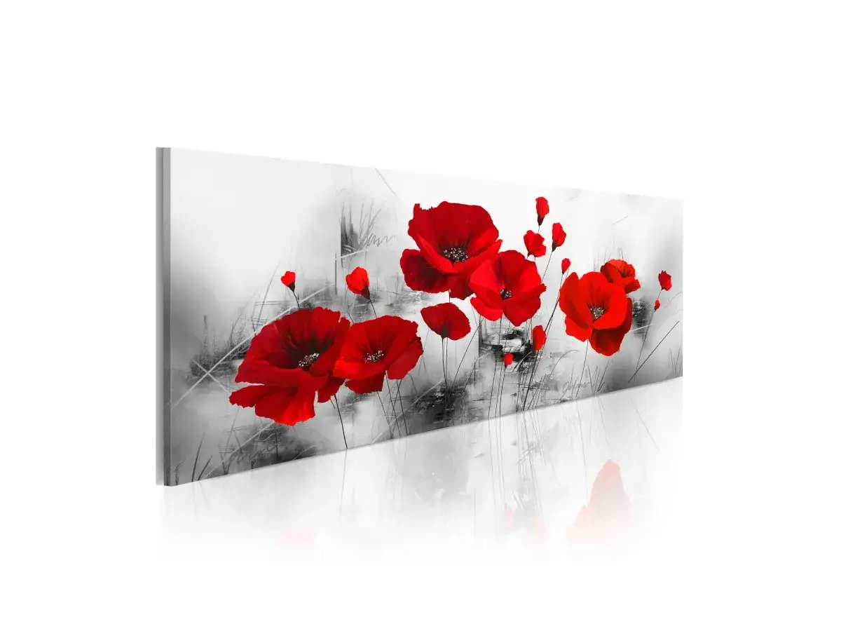 Tableau de champs de coquelicots rouges éclatants sur fond gris et blanc, évoquant une scène poétique et vibrante.