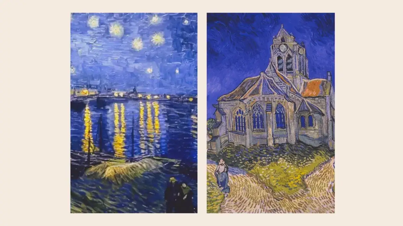 Deux tableaux connus de Van Gogh : une vue nocturne d'une ville avec des reflets lumineux sur l'eau et une église sous un ciel étoilé.
