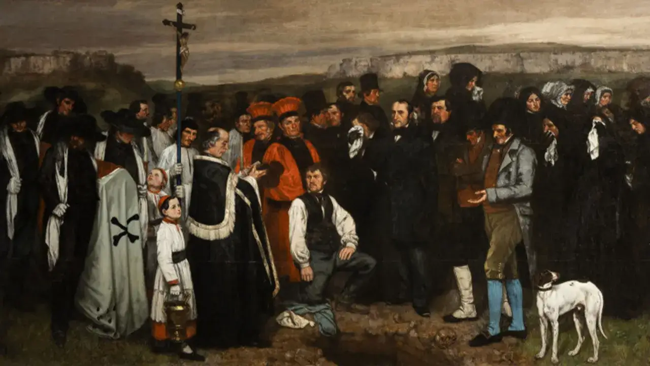 Funérailles paysannes, une scène réaliste de Gustave Courbet. Un cortège solennel, un prêtre, des pleureuses et un chien blanc.
