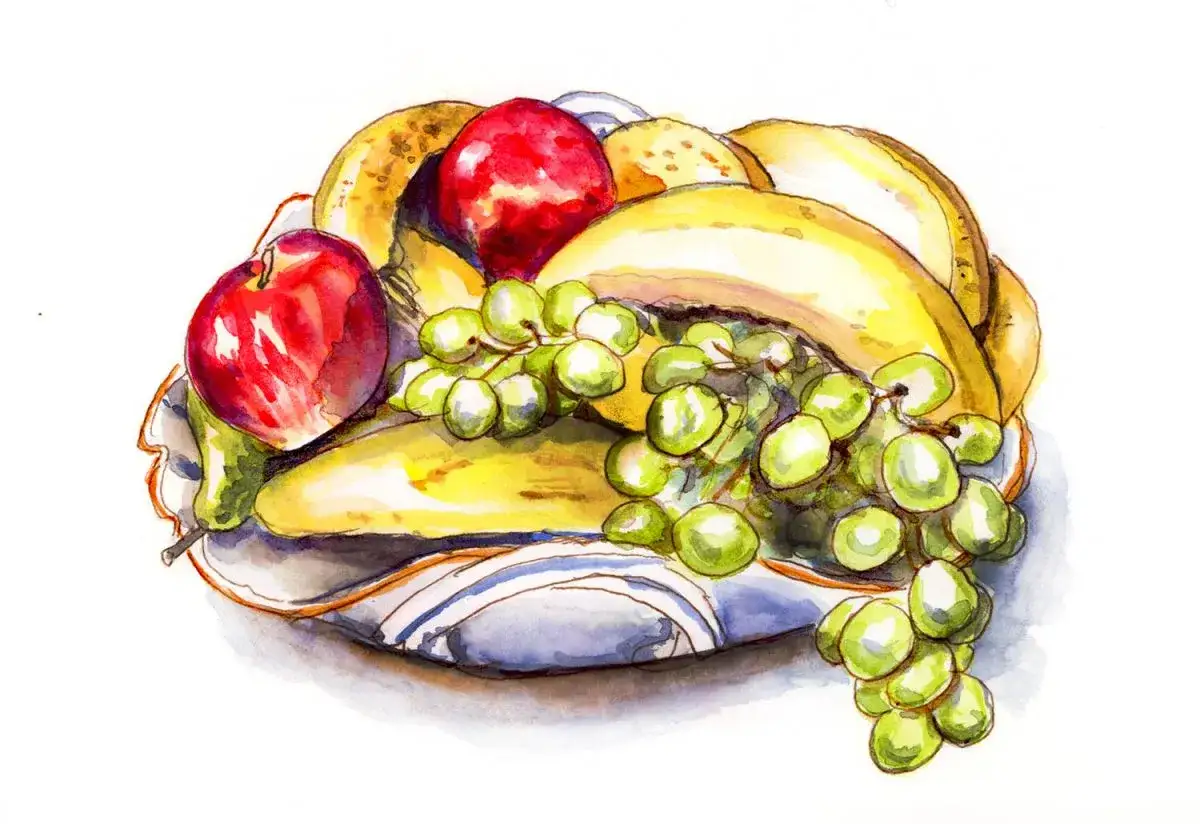 D&eacute;licieuse corbeille de fruits en fruit aquarelle : bananes, raisins verts, pommes rouges et poires sur une serviette ray&eacute;e.