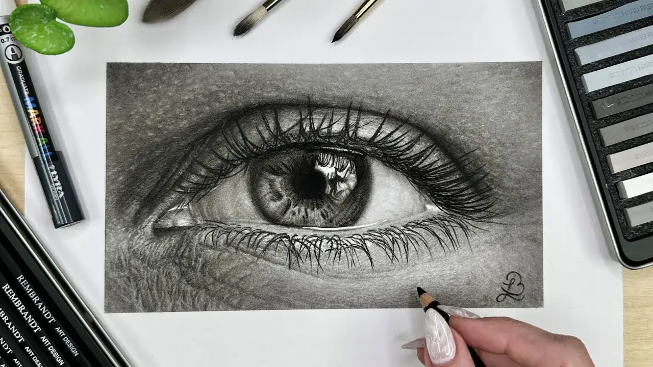 Un dessin d'un œil réaliste au fusain, avec des détails saisissants sur les cils et l'iris. Des outils d'art sont disposés autour, suggérant le processus créatif de ce dessin œil.