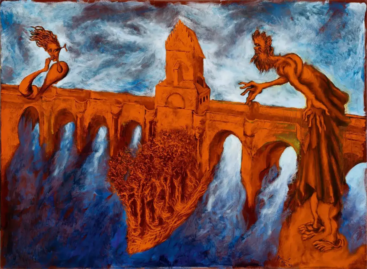 Surr&eacute;aliste pont de G&eacute;rard Garouste, avec des figures mythiques et une tour. L'eau bleue tourbillonnante contraste avec les formes orang&eacute;es.