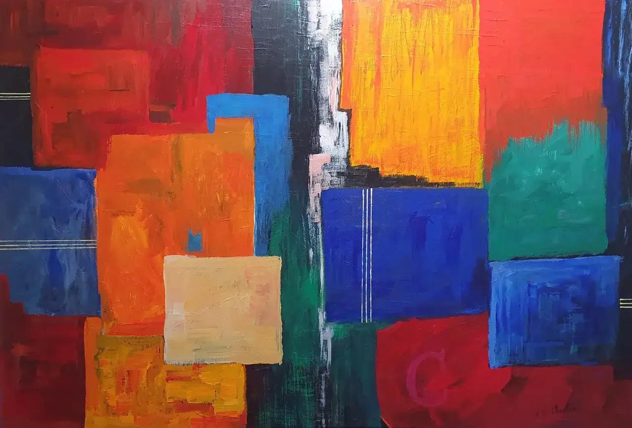 Peinture acrylique composition abstraite aux formes g&eacute;om&eacute;triques vives : rouge, orange, bleu, jaune, vert. Des lignes blanches et une lettre 