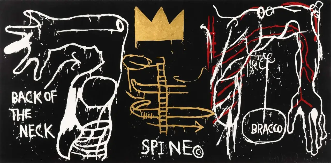 &OElig;uvre basquiat style : corps humain stylis&eacute;, couronne dor&eacute;e, texte 