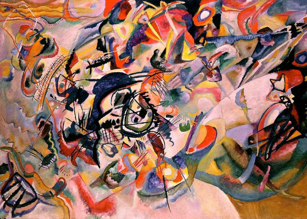 Composition VIII, la c&eacute;l&egrave;bre &oelig;uvre de Vassily Kandinsky, explose en formes et couleurs vives, une symphonie visuelle abstraite.