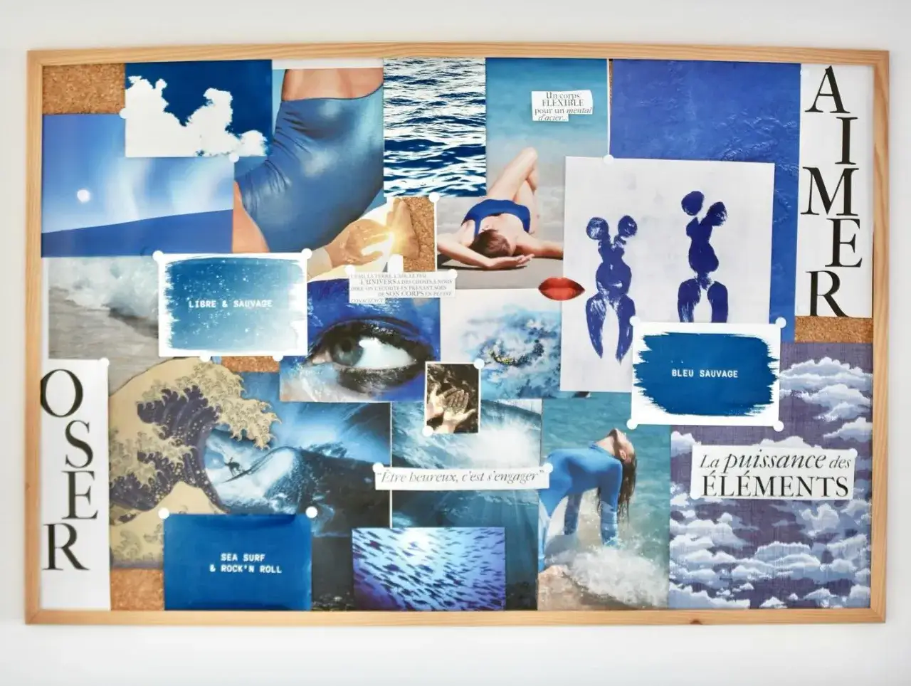 Un art collage inspirant sur le th&egrave;me de l'eau, du corps et de la libert&eacute;. Des images bleues &eacute;voquent la mer, le ciel et la puissance des &eacute;l&eacute;ments.