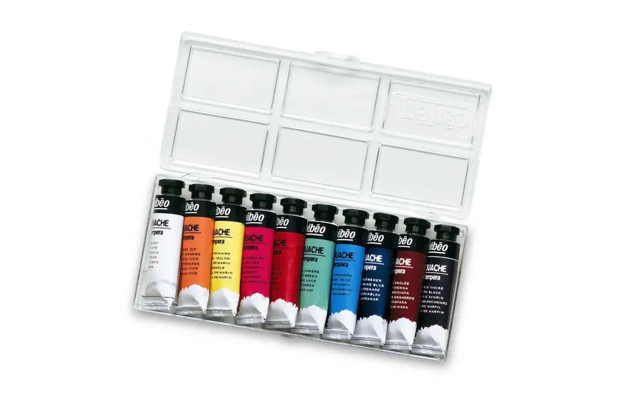 Une bo&icirc;te ouverte de tubes de gouache tempera aux couleurs vives, pr&ecirc;te &agrave; inspirer la cr&eacute;ativit&eacute;.