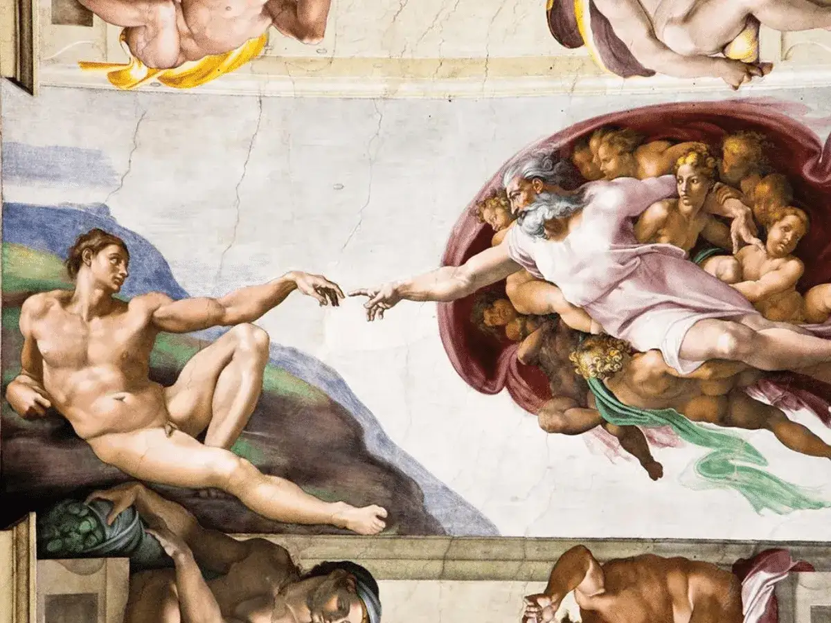 La Cr&eacute;ation d'Adam par l'artiste peintre connu Michel-Ange. Dieu tend la main &agrave; Adam, un moment iconique de la Renaissance.