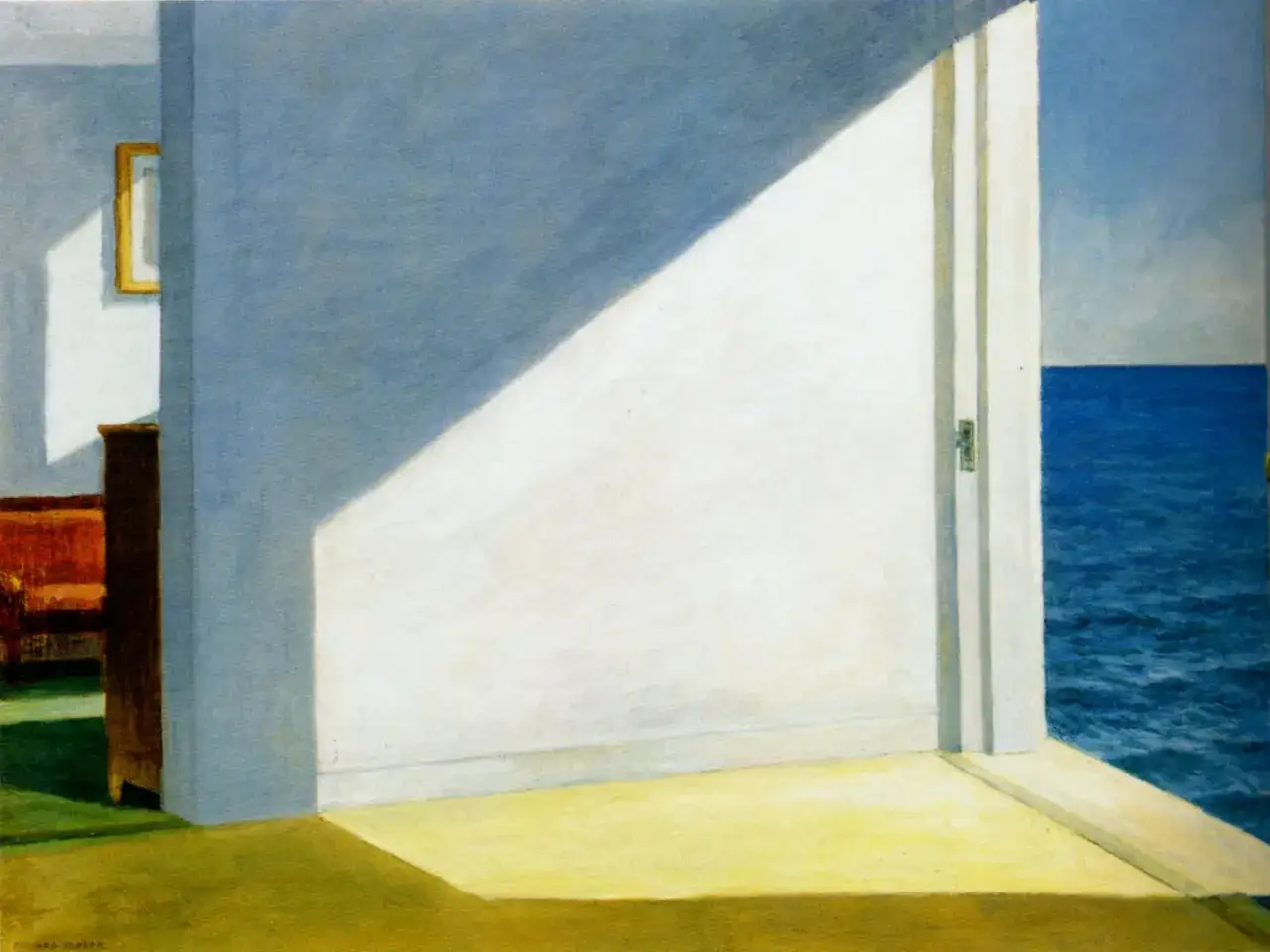Une pi&egrave;ce baign&eacute;e de lumi&egrave;re, une porte ouverte sur la mer. Une sc&egrave;ne typique des &oelig;uvres de Hopper, &eacute;voquant la solitude et l'attente.