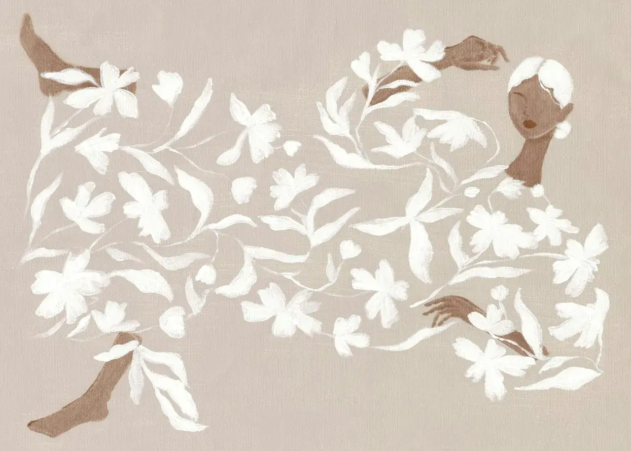 Un tableau marron beige où une silhouette féminine émerge d'un enchevêtrement de fleurs blanches.