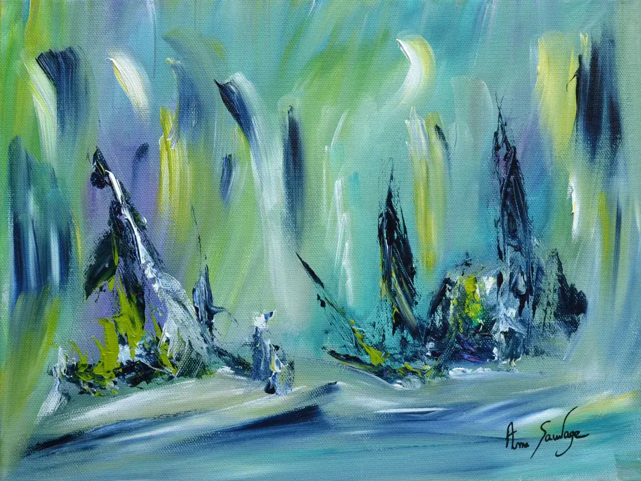 Dessin peinture acrylique abstrait aux couleurs vives, &eacute;voquant des formes organiques et des mouvements aquatiques.