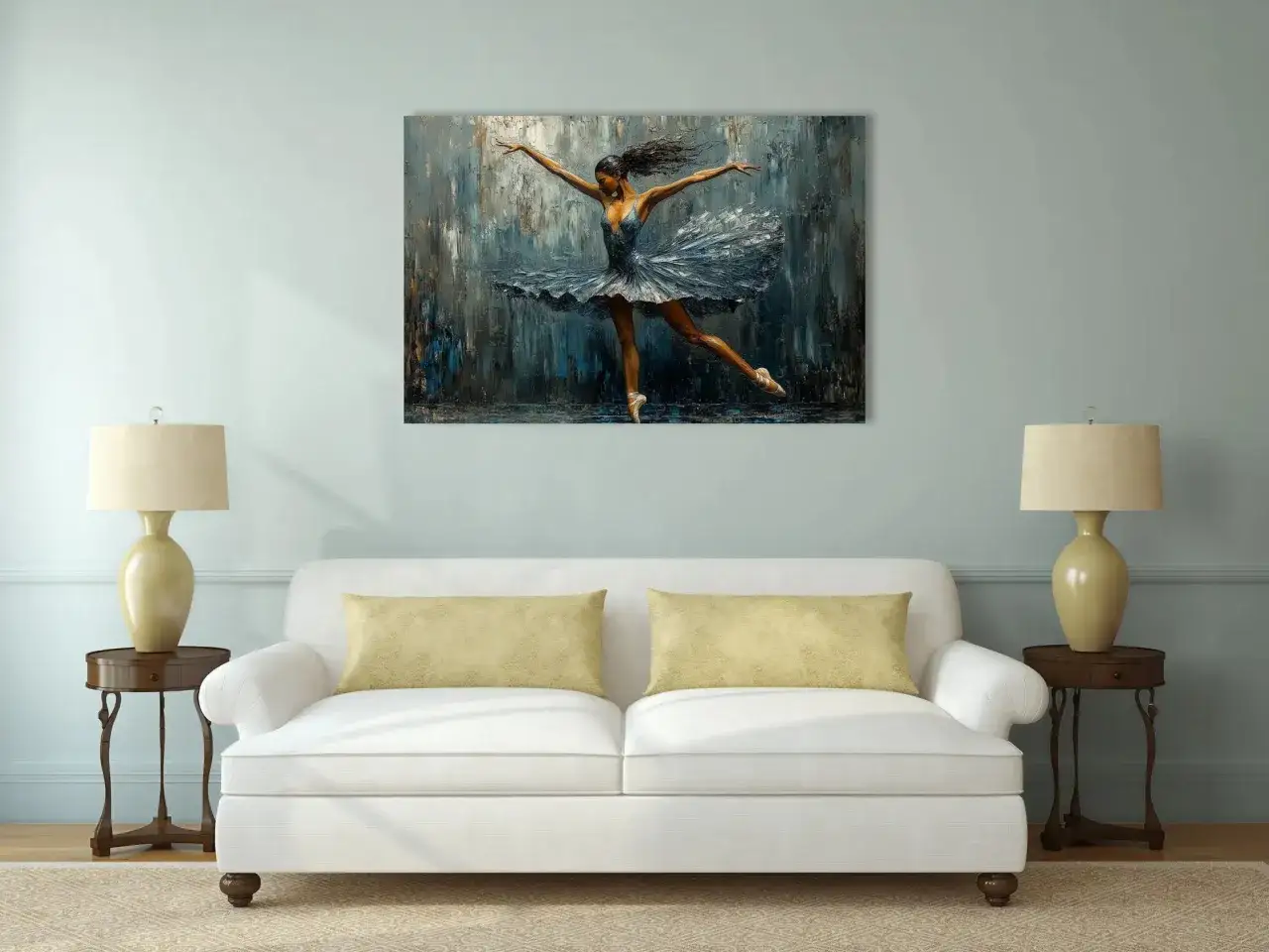 Tableau danseuse moderne, capturant l'&eacute;l&eacute;gance d'une ballerine en plein mouvement, sa robe virevoltant dans un d&eacute;cor abstrait aux tons bleus et gris.