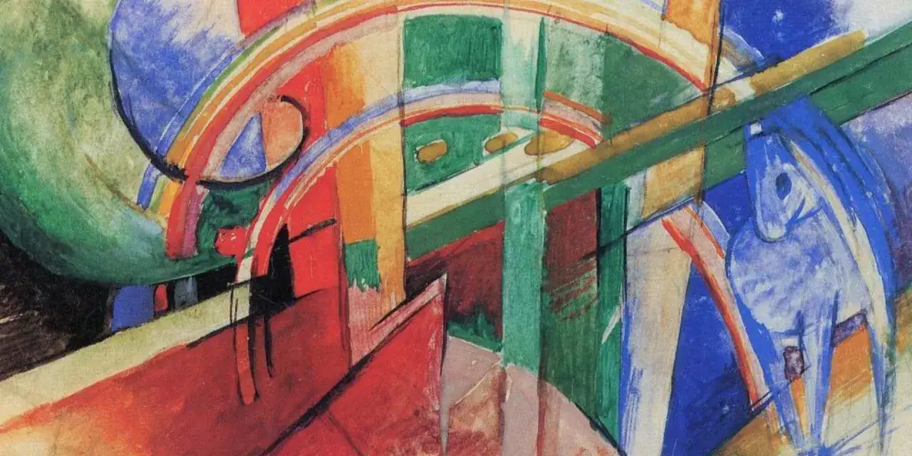 Abstraction color&eacute;e d'un cheval bleu, &eacute;voquant le dynamisme d'un peintre allemand contemporain.