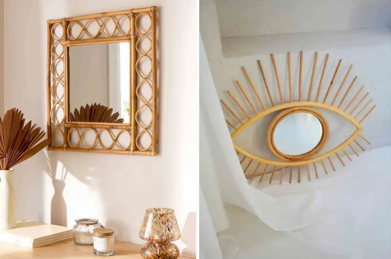 Miroirs en rotin, un carr&eacute; d&eacute;coratif et un &oelig;il protecteur, parfaits pour une ambiance boh&egrave;me et pi&egrave;ce de vie terracotta.