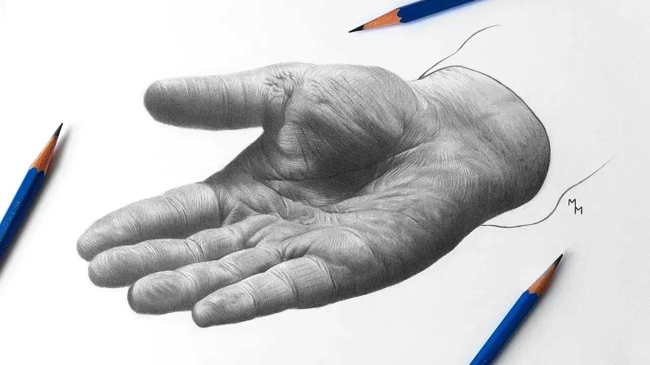 Un dessin r&eacute;aliste d'une main ouverte, avec des ombres profondes et des d&eacute;tails de peau. Des crayons entourent l'&oelig;uvre, sugg&eacute;rant le processus cr&eacute;atif.