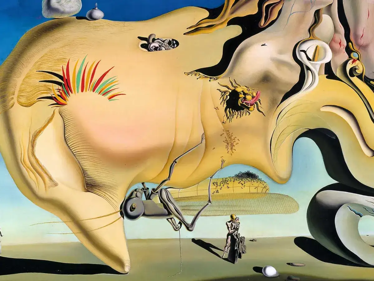 Un paysage onirique typique des oeuvres surr&eacute;alistes de Salvador Dal&iacute;, avec des formes molles, des cr&eacute;atures &eacute;tranges et des objets flottants.