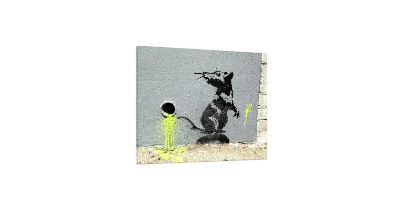 Un rat noir et blanc, typique de qui est Banksy, crache du liquide vert sur un mur gris.