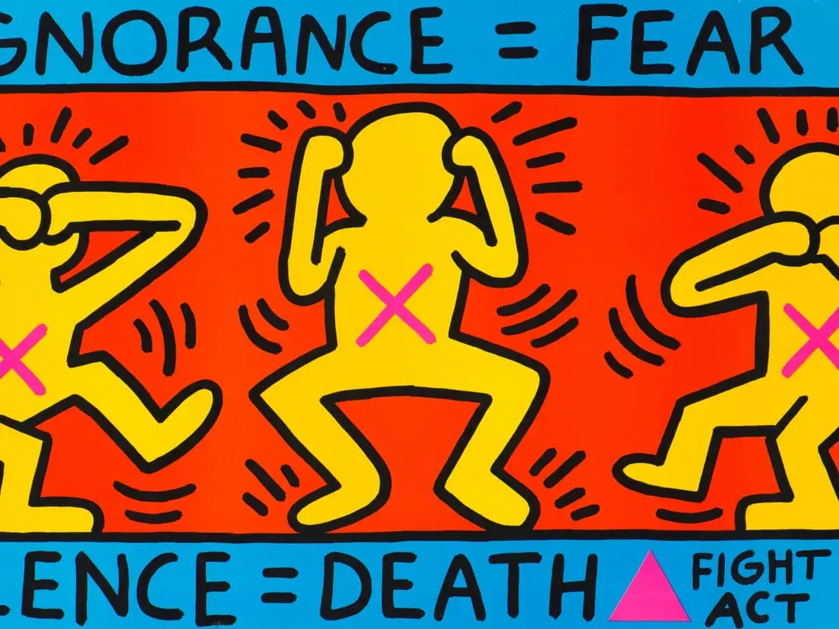 &OElig;uvres d'art de Keith Haring : trois figures jaunes stylis&eacute;es sur fond orange, avec des messages forts.
