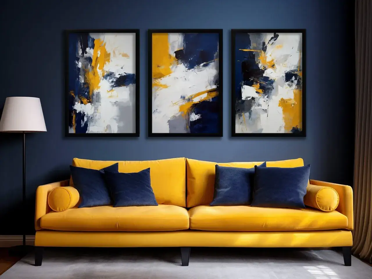 Trois tableaux abstraits aux teintes bleu marine, jaune vif et blanc, suspendus au-dessus d'un canap&eacute; jaune.