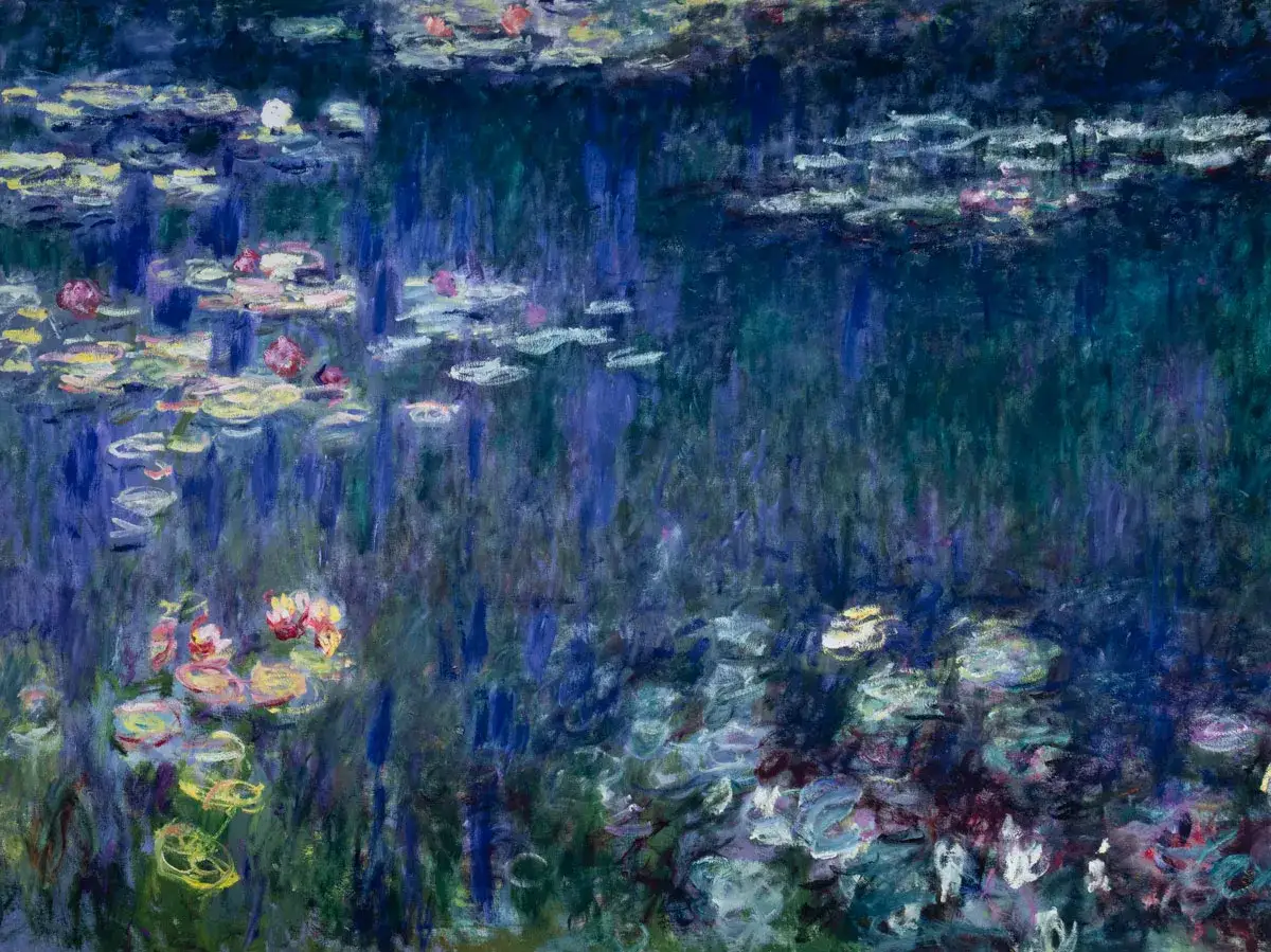 Un &eacute;tang de n&eacute;nuphars aux couleurs vives, typique des s&eacute;ries de Claude Monet. Les reflets bleus et verts dominent, avec des touches de rose et de jaune sur les fleurs.