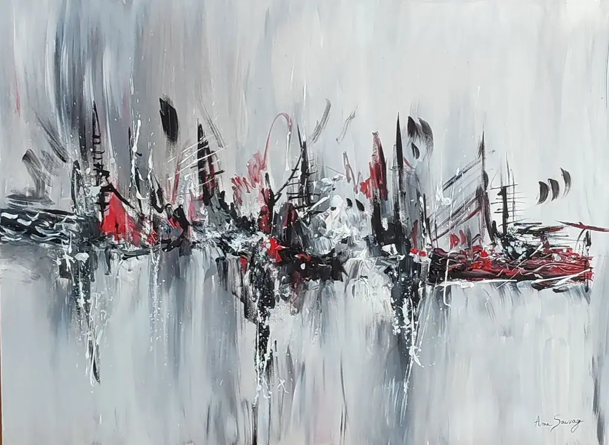 Tableau rouge noir gris moderne abstrait &eacute;voquant une ville ou des voiliers. Reflets sur l'eau.