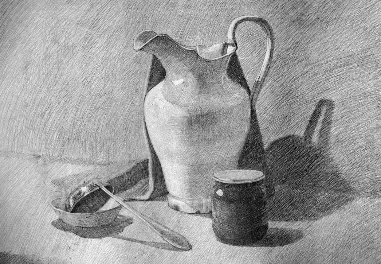 Un pichet, un pot et une louche dessin&eacute;s au crayon. Un tuto dessin r&eacute;aliste pour apprendre &agrave; rendre les textures et les ombres.