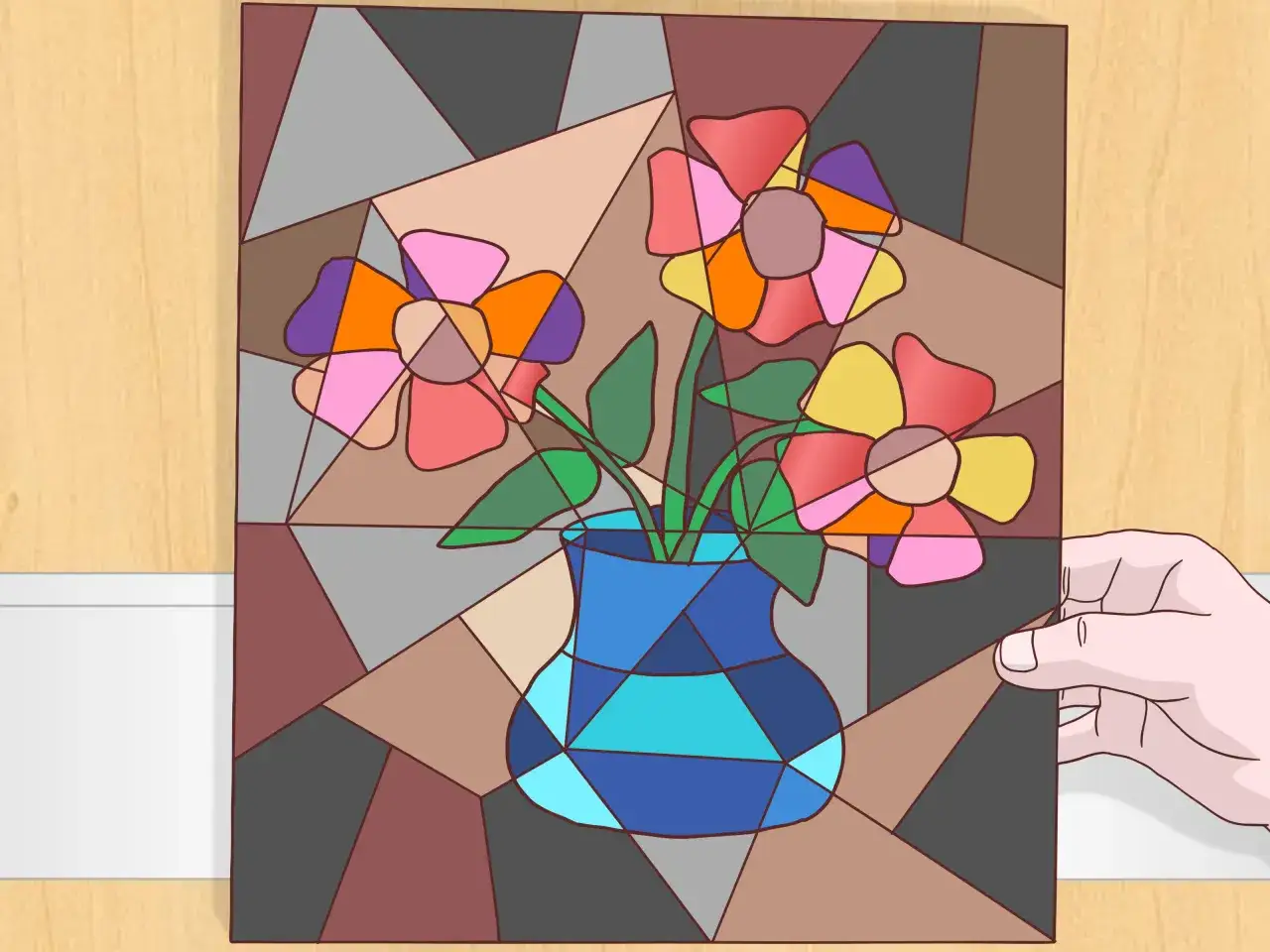 Un tableau Picasso facile : un vase bleu aux formes g&eacute;om&eacute;triques abrite des fleurs aux couleurs vives, le tout dans un style cubiste.